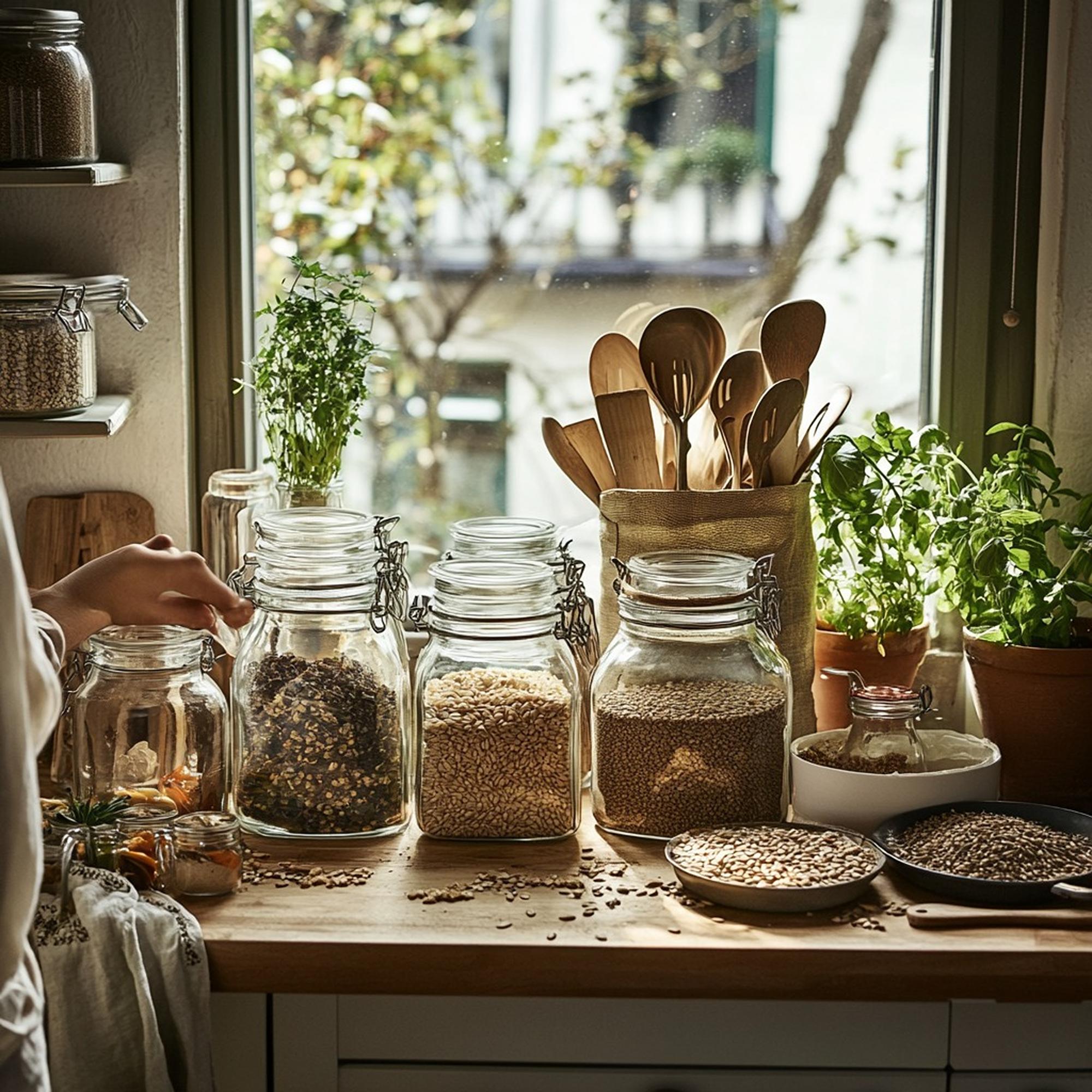 Small open kitchen with jars of spices and herbs